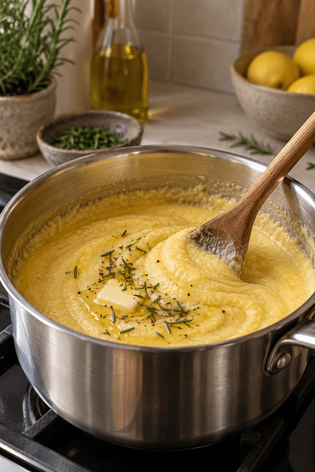 Cremet polenta røres med smør og rosmarin i én gryde og danner en blød bølge