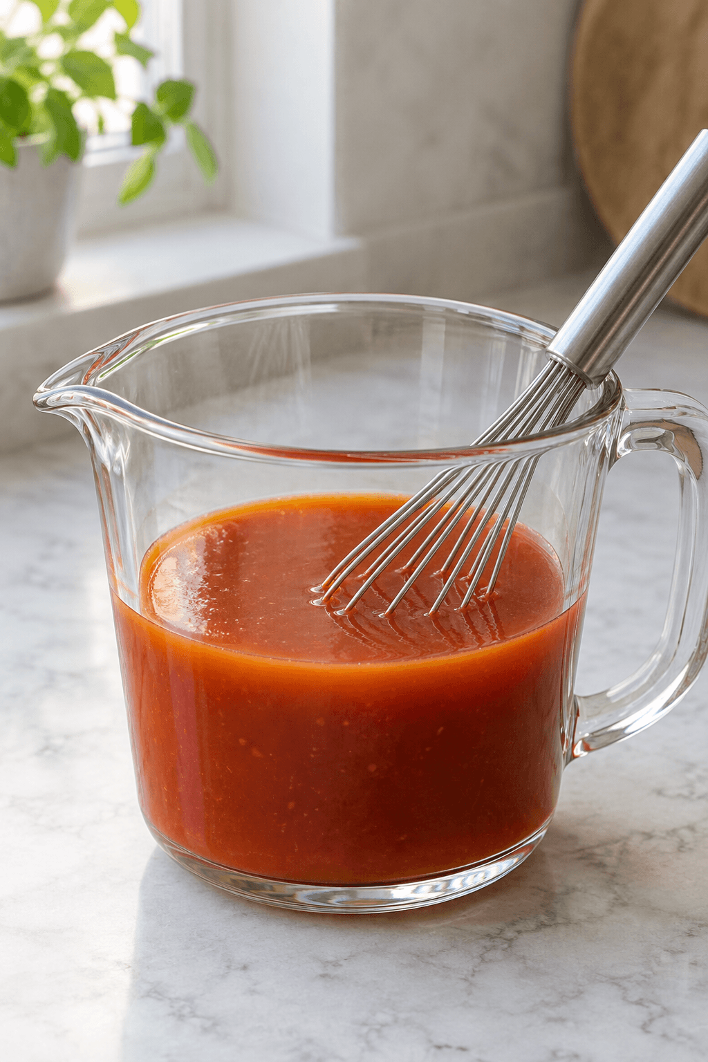 Glat orange-rød sur-sød sauce piskes med ananas, ingefær og majsstivelse