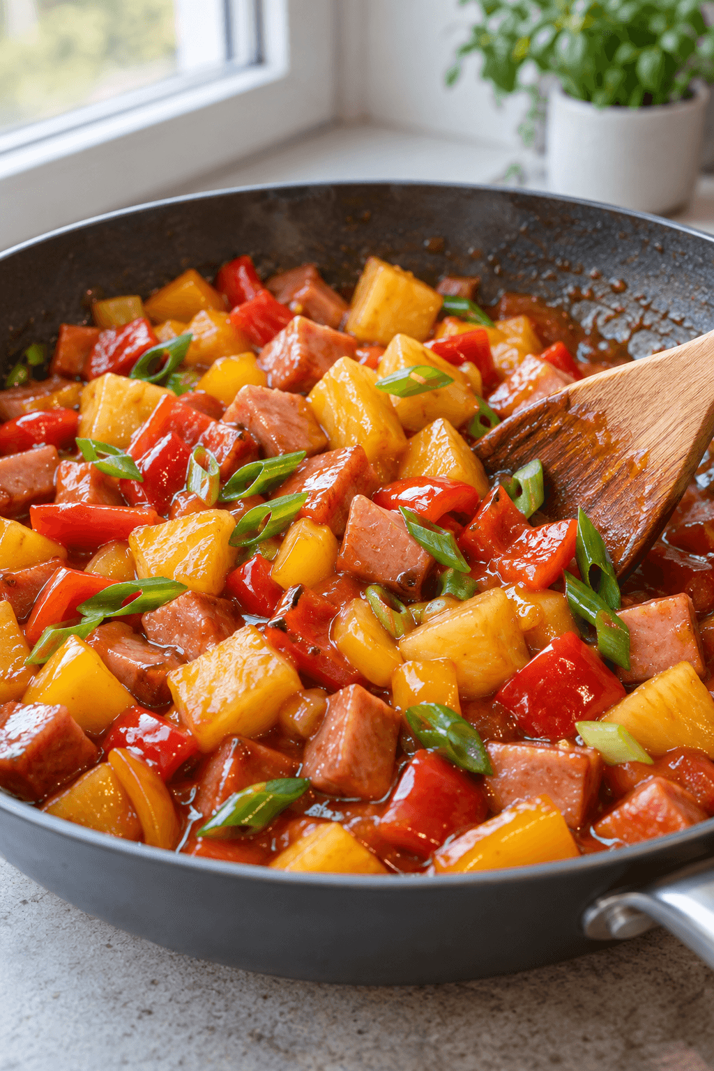 Skinke, ananas og peberfrugter dækkes af blank orange sur-sød sauce