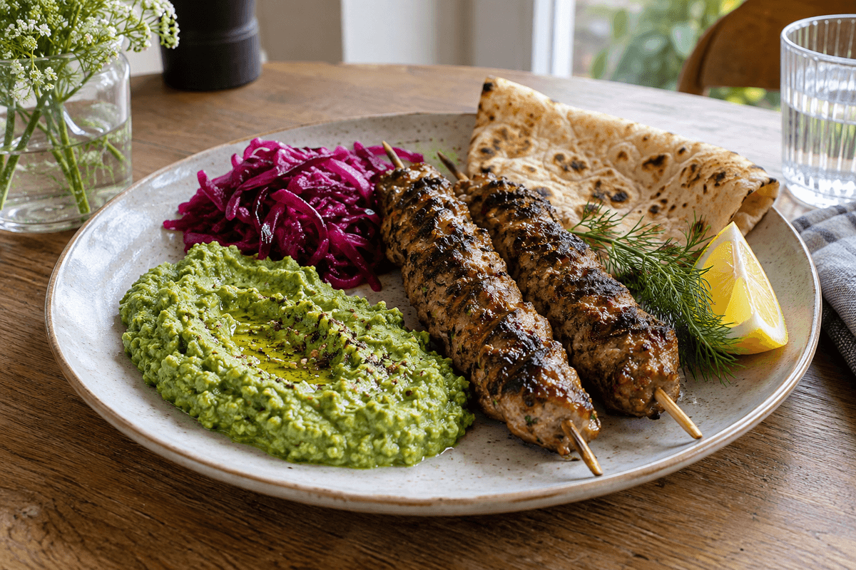 Grillede svinekødsspyd med ærte-tahincreme, syltet rødkål og fladbrød