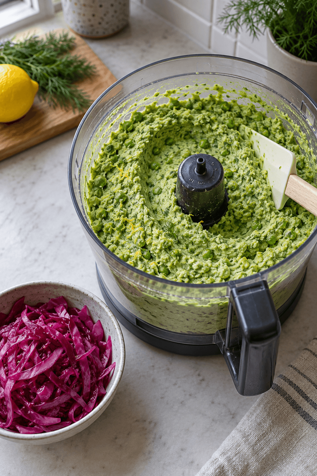 Grov grøn ærte-tahincreme i én foodprocessor ved siden af syltet rødkål