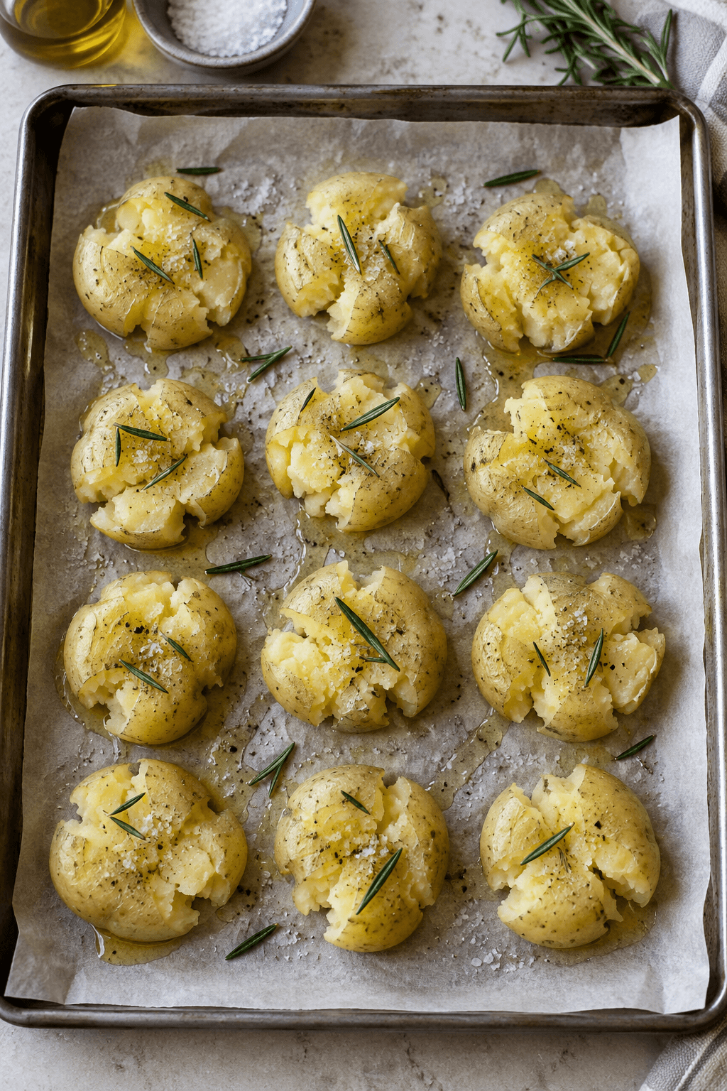 Tolv forkogte kartofler er knust på en bageplade med olie, salt og rosmarin