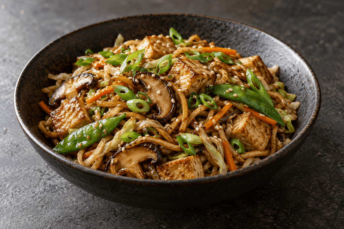 Sweet-hot yakisoba med sprød tofu, shiitake, spidskål og sukkerærter