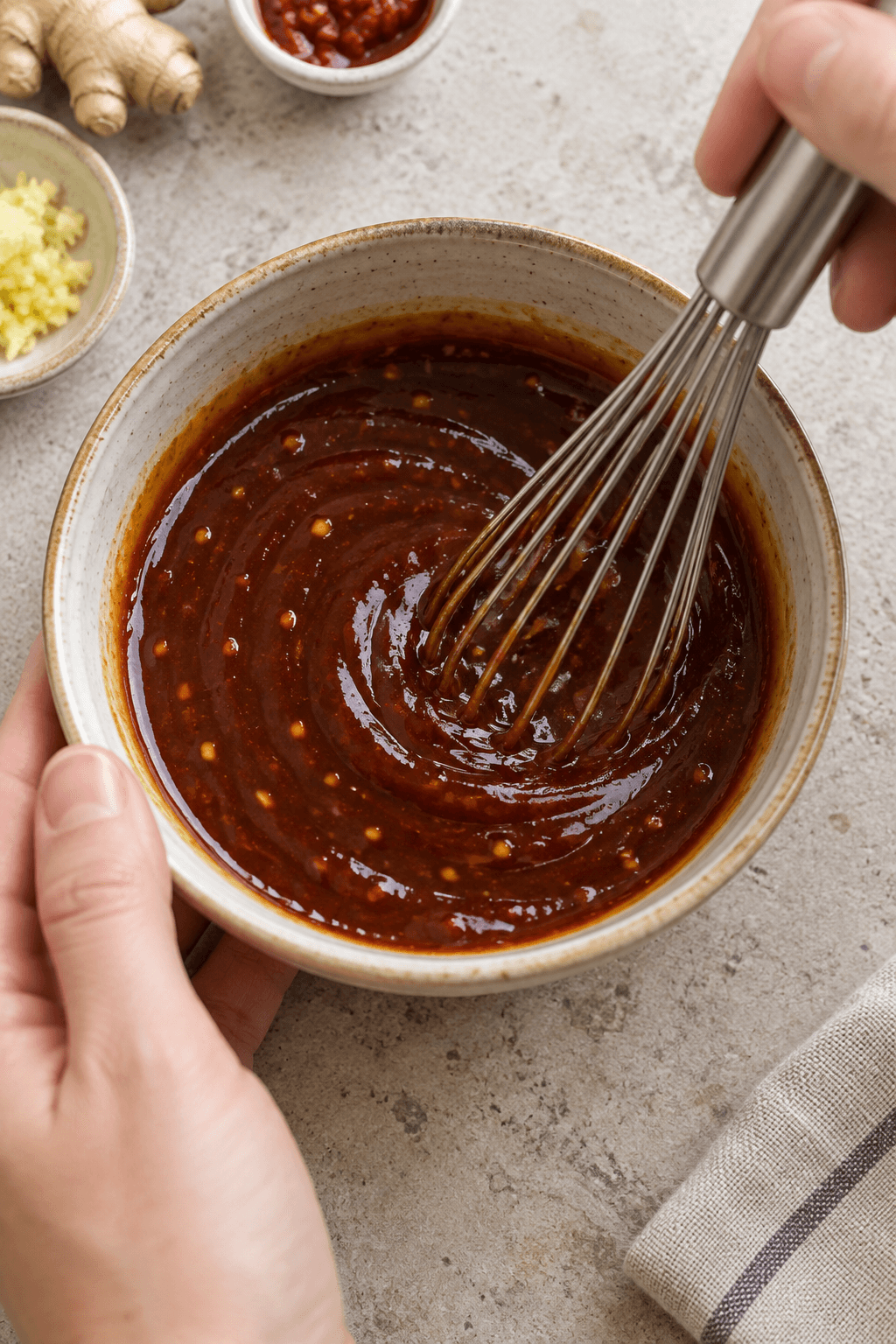 Sweet-hot misosauce med soja, ingefær og chili piskes glat