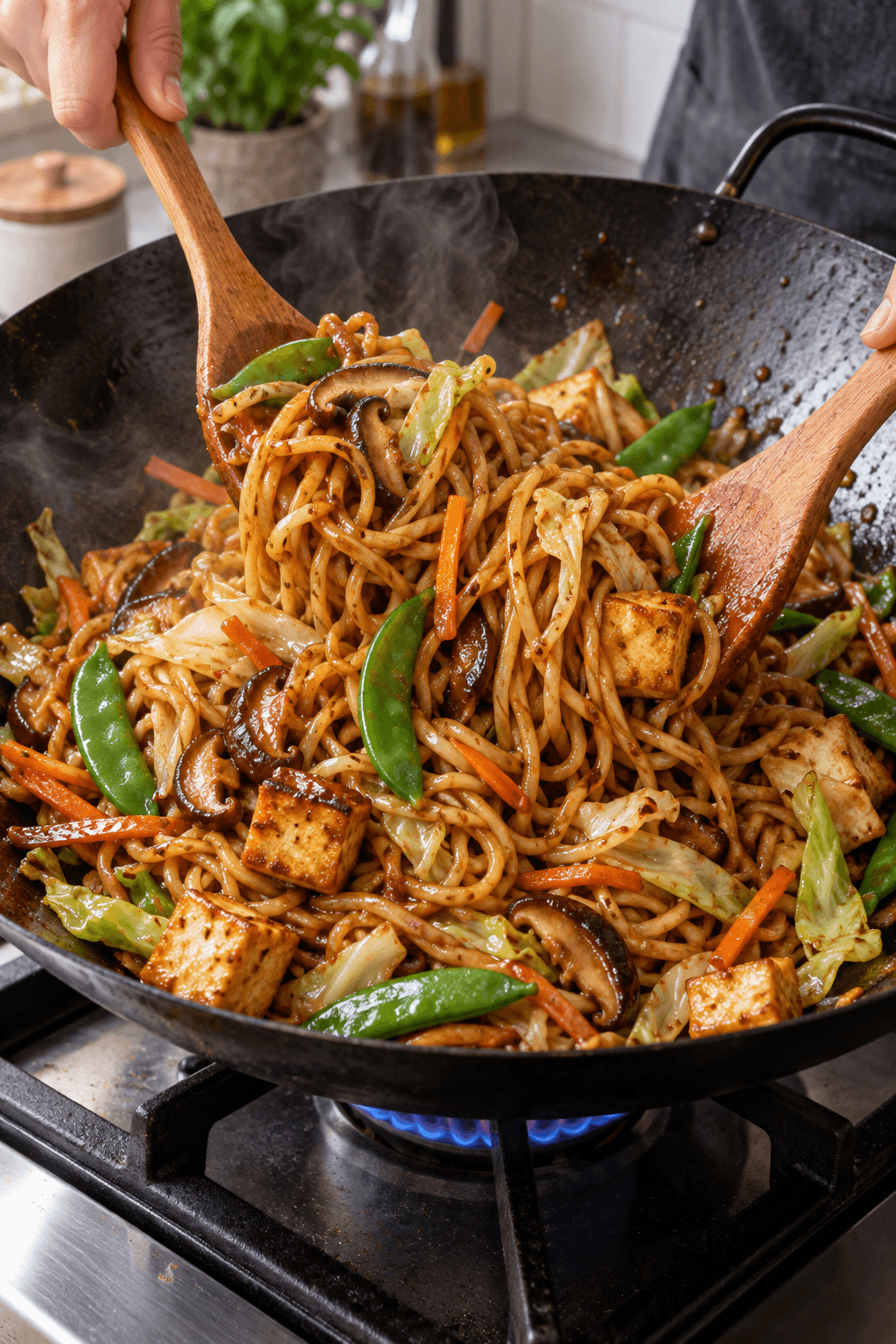 Yakisoba-nudler, sprød tofu og grøntsager vendes i sweet-hot misosauce