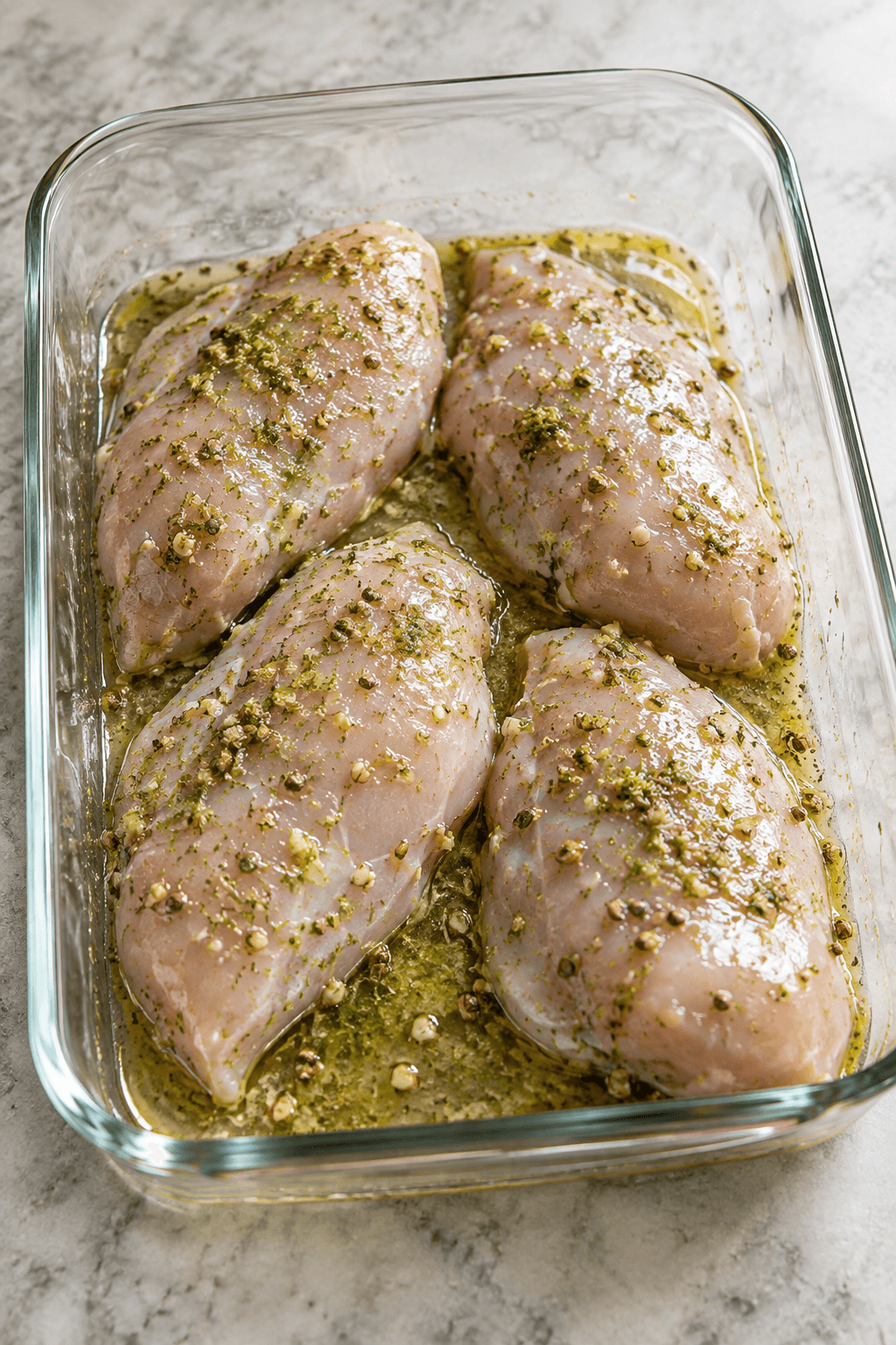 Fire rå kyllingebryster i lime-koriandermarinade i ét glasfad