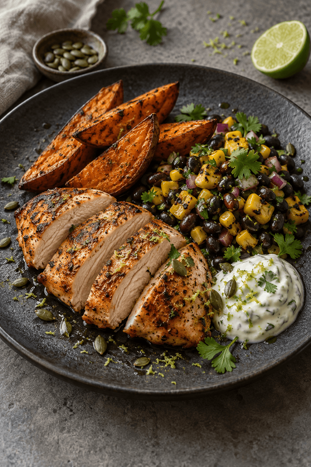 Én tallerken med fire skiver tequila-limekylling, fire sødkartoffelbåde, bønnesalsa og koriandercreme