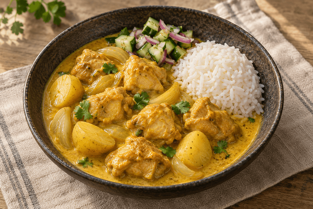 Thai gul kyllingekarry med kartofler, løg, jasminris og agurkerelish
