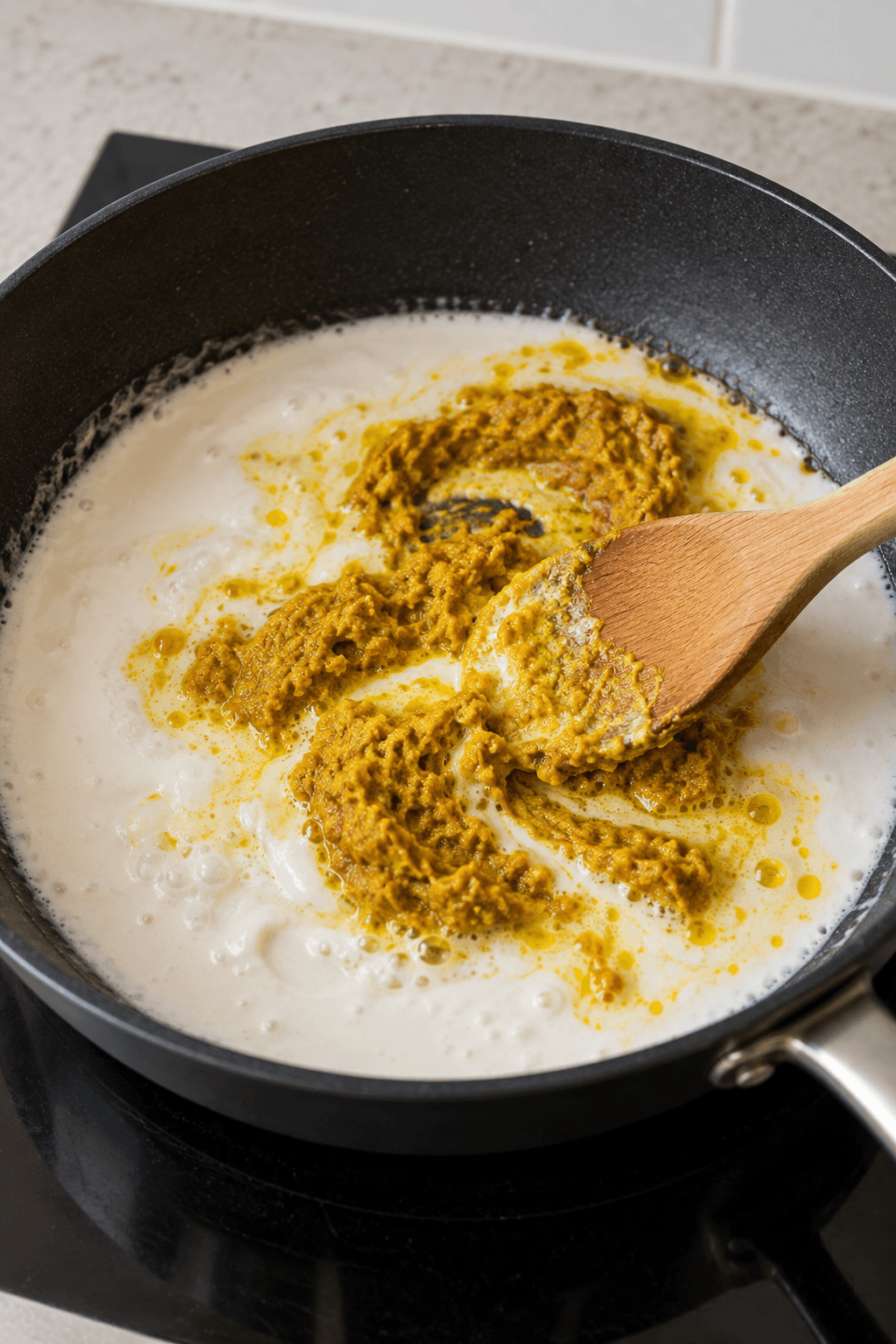Gul thai-karrypasta steges i tyk kokosfløde med små gyldne olieperler