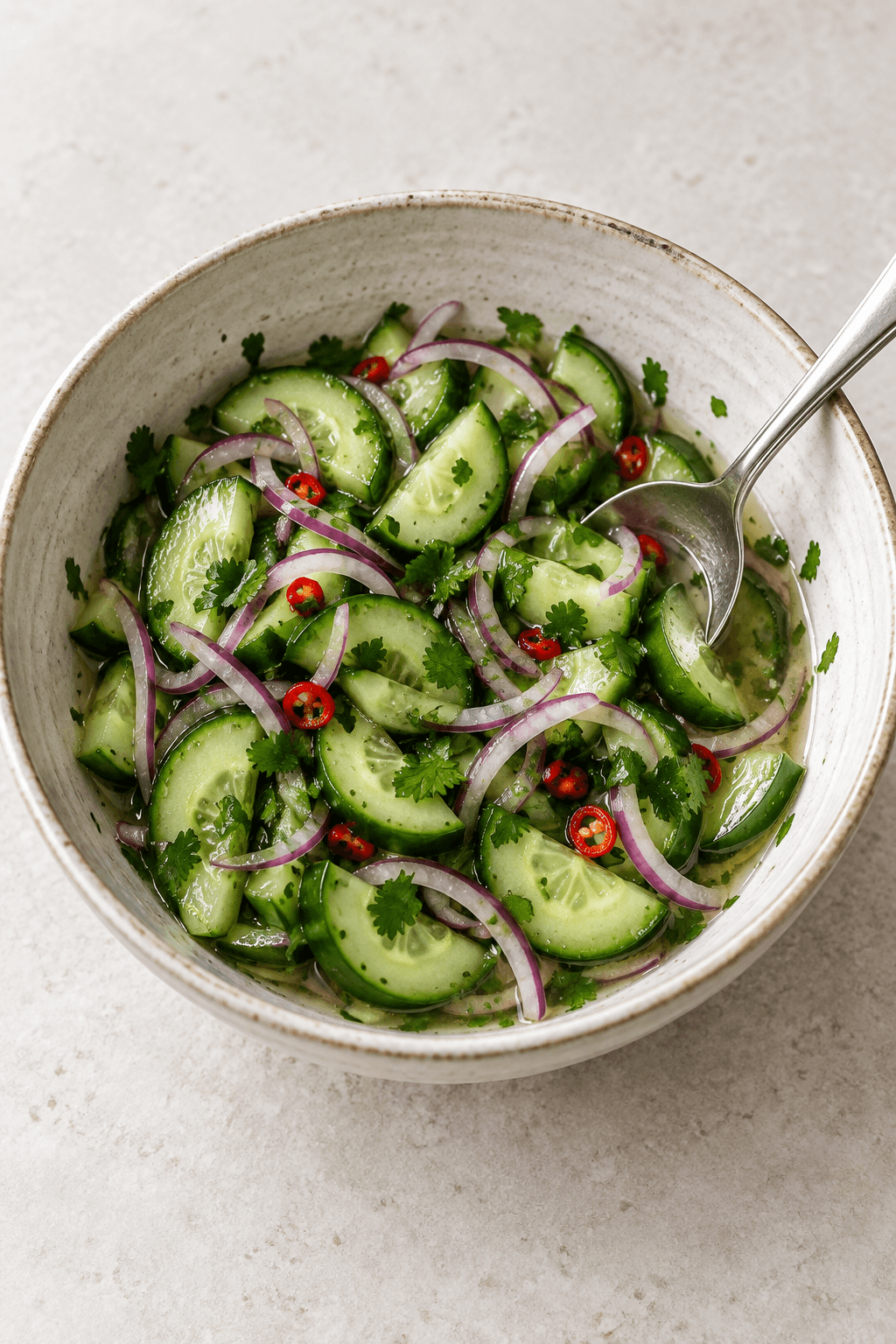 Agurk, rødløg, chili og koriander vendes i en klar lime-eddikedressing