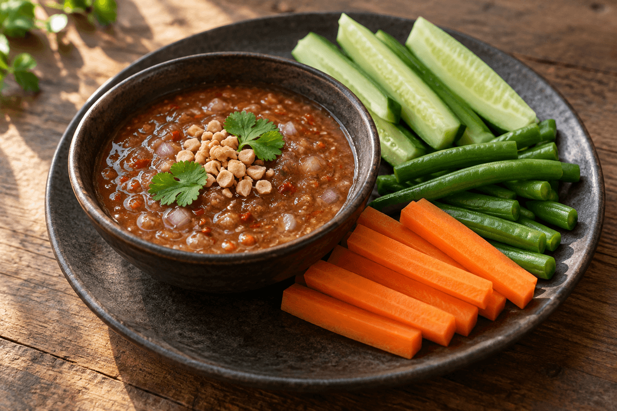 Thai-inspireret rejesauce med tamarind, lime og peanuts i én mørk skål med grøntsager
