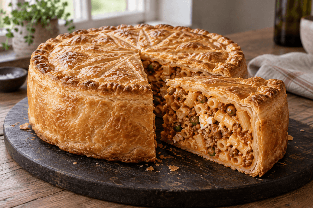 Timpana-pastatærte i butterdej med kødsauce, ærter og parmesan