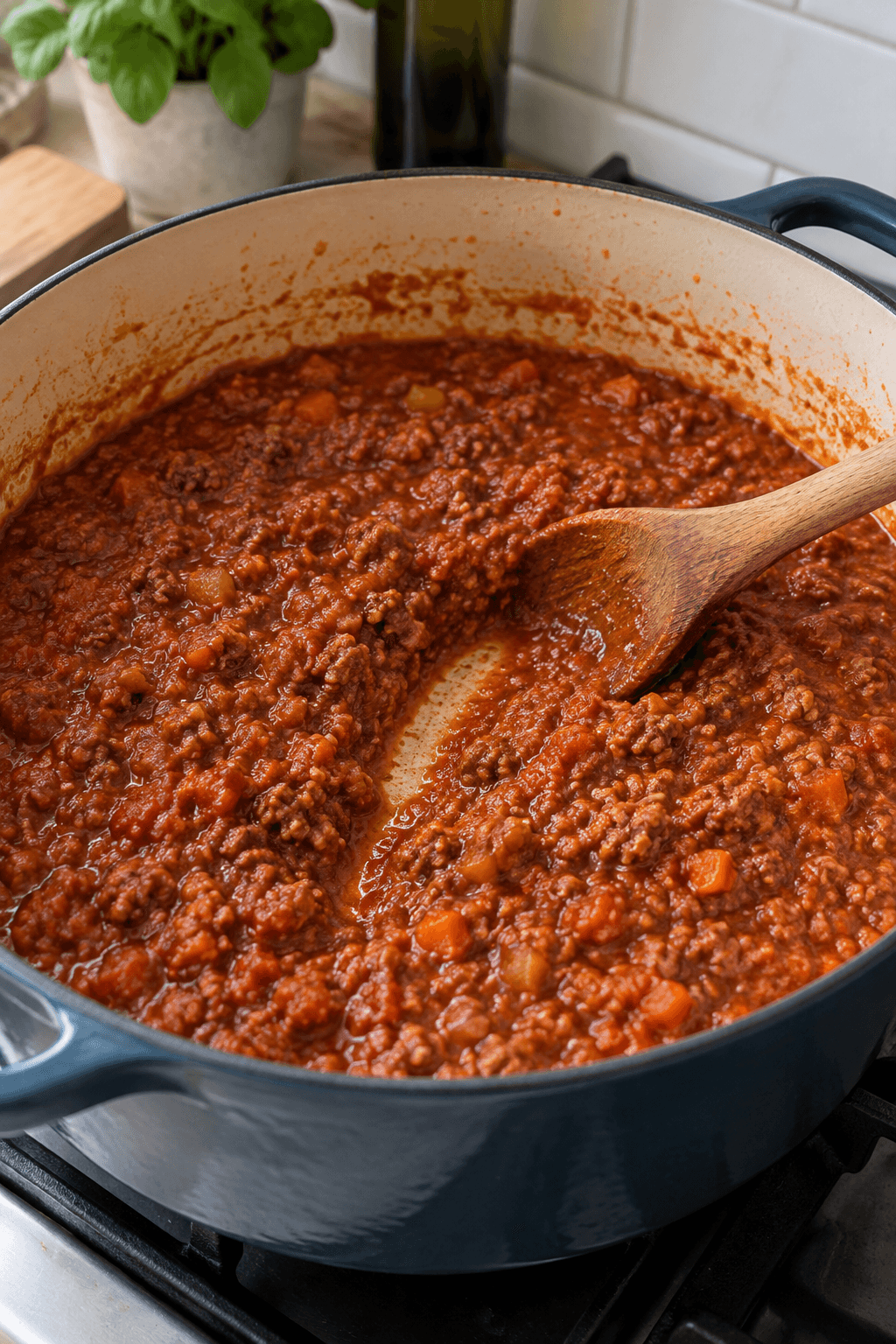 Tæt okse-svinekødsragù med tomat reduceres i én bred gryde