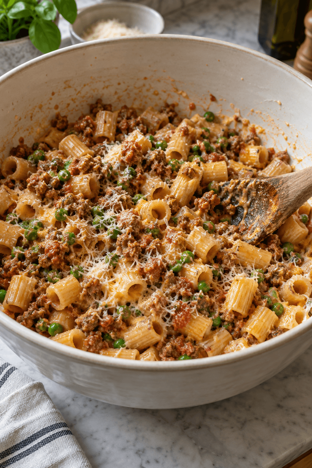 Pastarør, kødsauce, ærter, parmesan og æg vendes i én stor skål