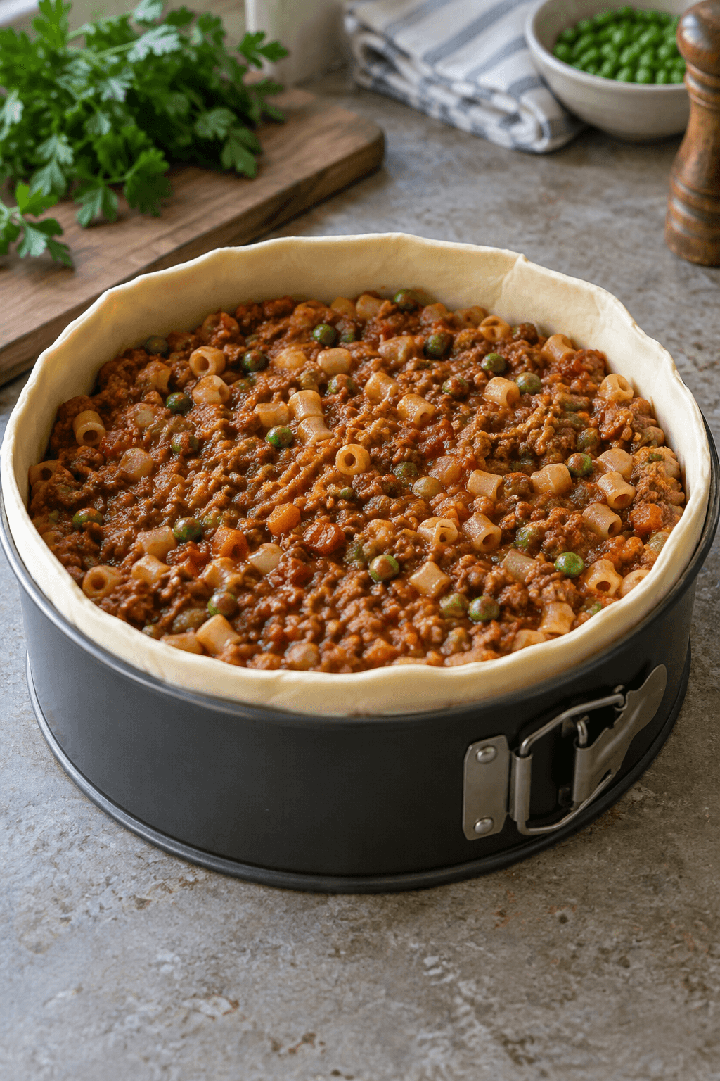 En høj springform beklædes med butterdej og fyldes tæt med pasta og ragù