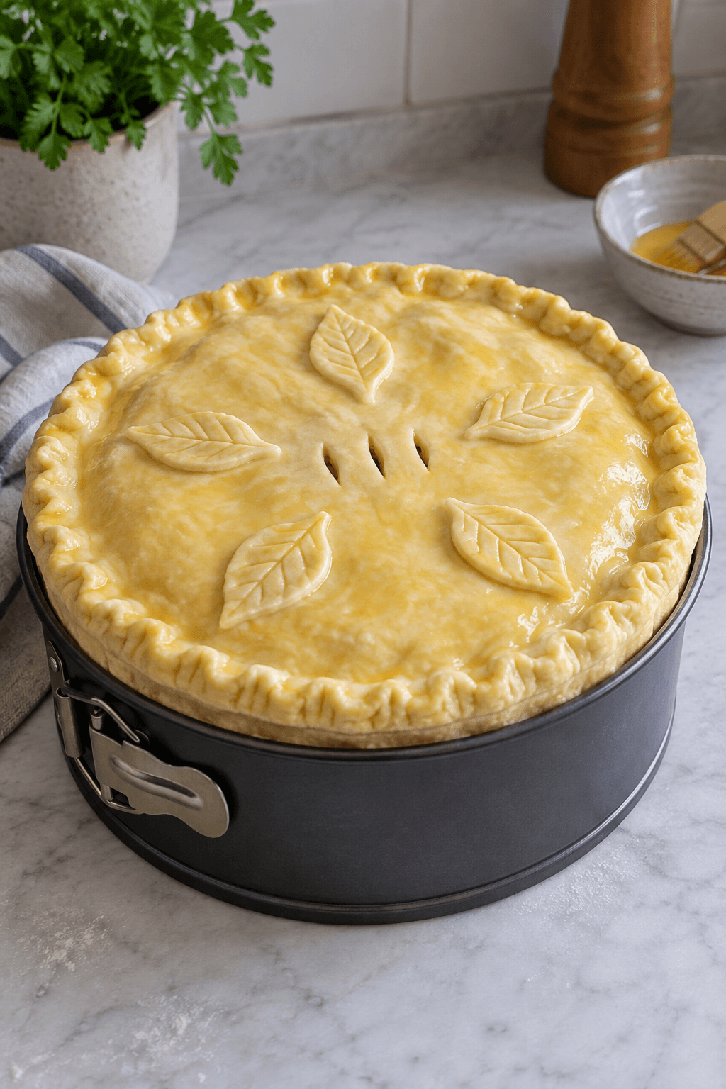 Ubagt Timpana er lukket med æggepenslet butterdejslåg og dampslidser