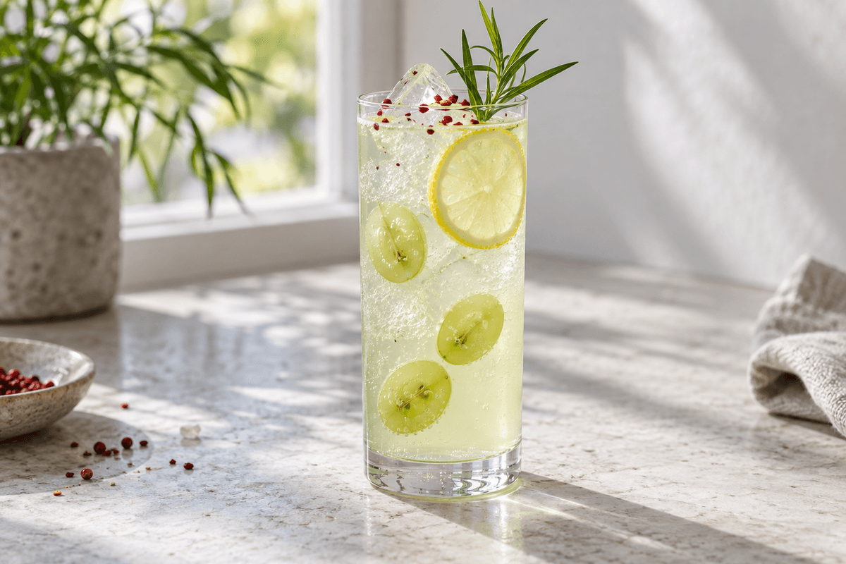 Tom Collins med grønne druer, estragon og pink peber