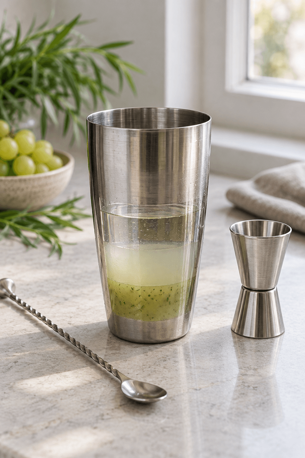 Gin, citron og grøn drue-estragonsirup måles i én åben shaker