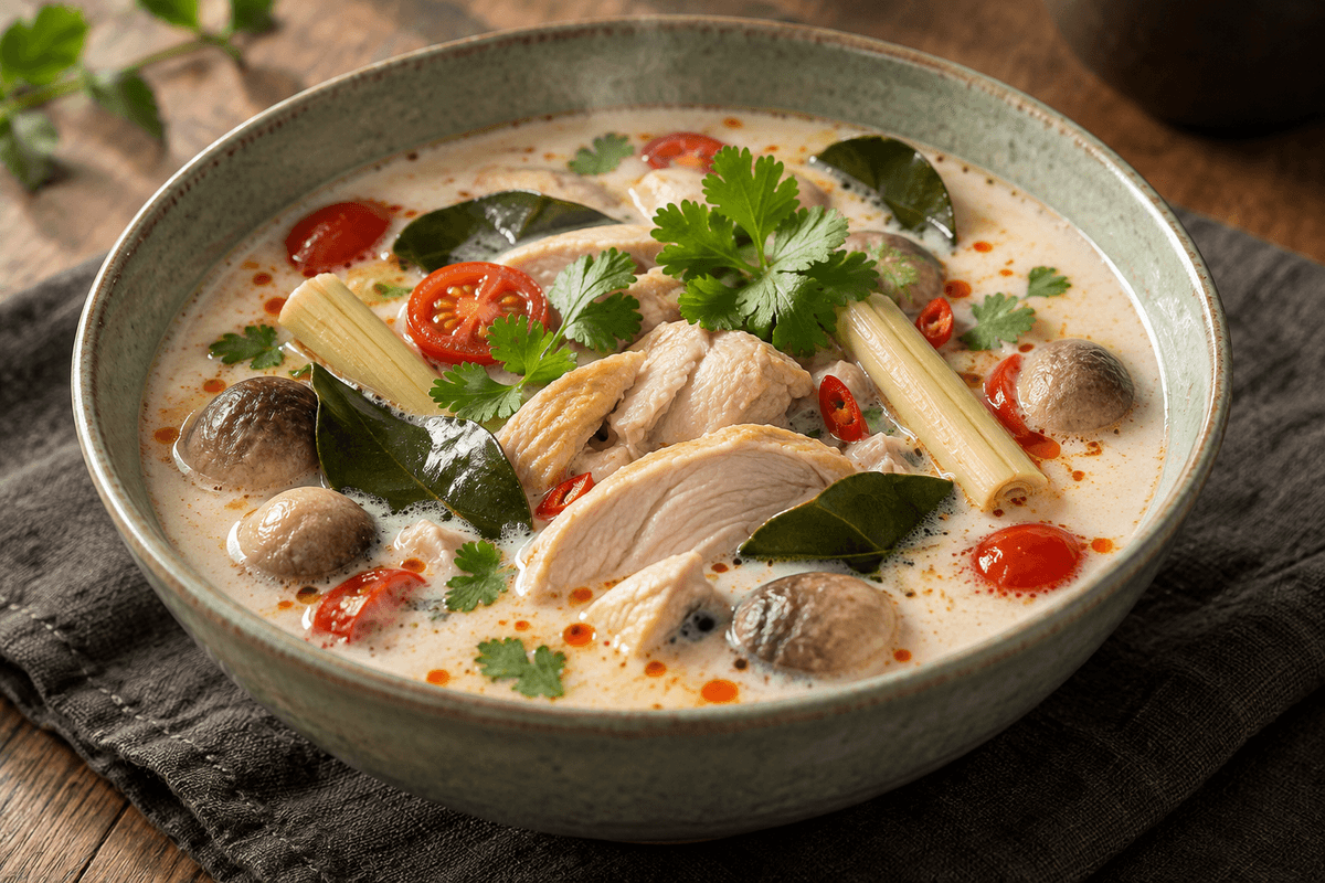 Tom kha gai med kylling, ristede champignoner, cherrytomater, limeblade og chili-limeolie