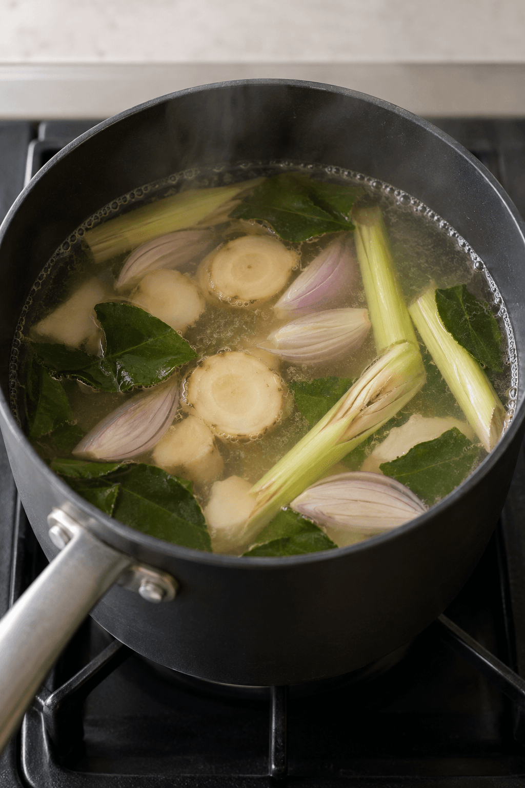Klar bouillon simrer forsigtigt med galanga, citrongræs, limeblade og skalotteløg
