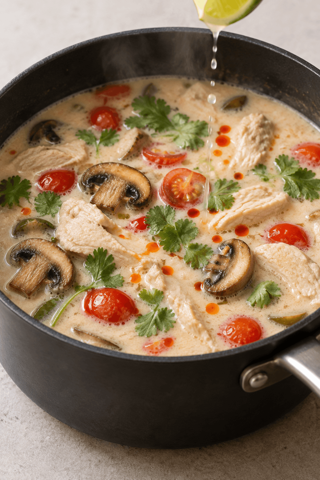 Tom kha gai færdiggøres i gryden med champignoner, tomater, lime, chiliolie og koriander