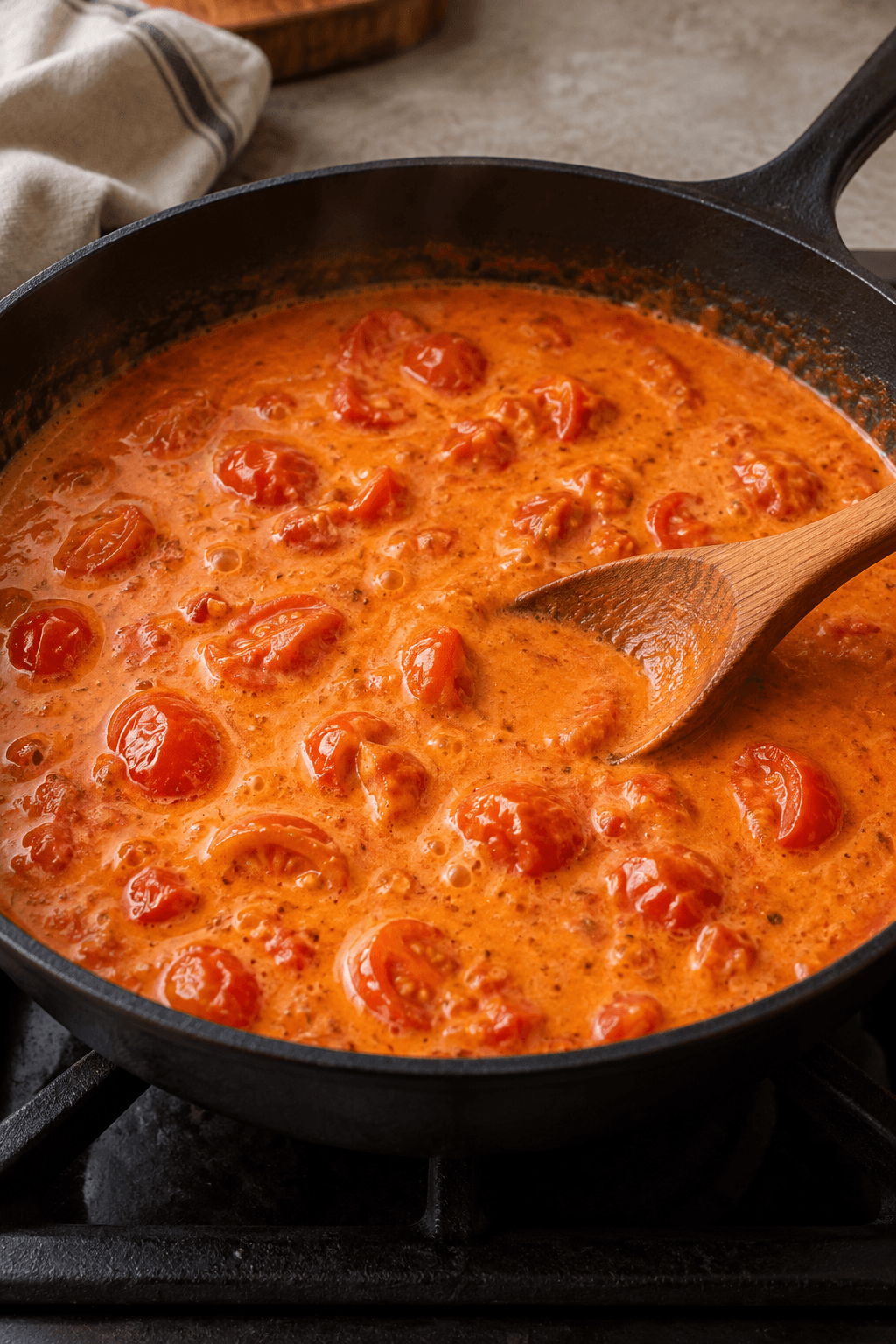 Gyldenrød kokos-tomatsauce med tomathalvdele i én pande