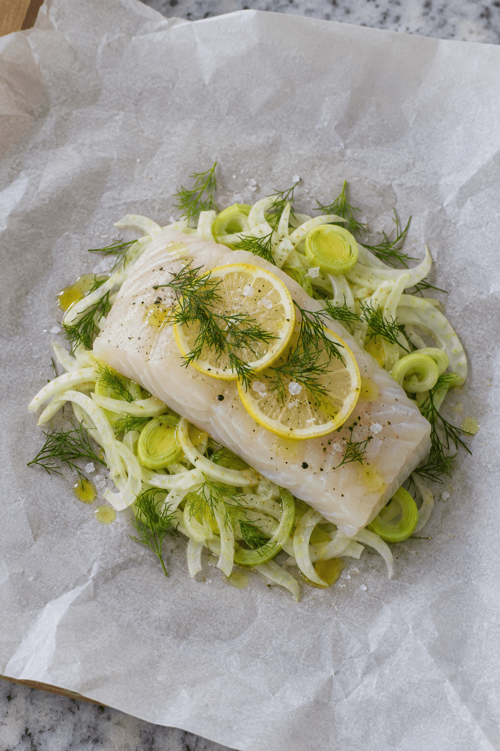 Rå torsk ligger på fennikel og porre med citron og dild i åbent bagepapir