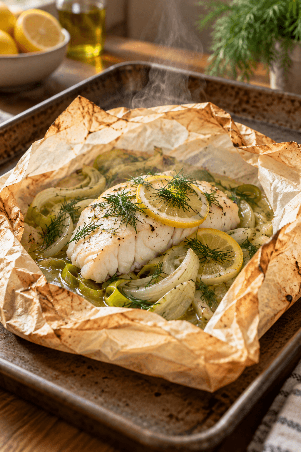 Færdigbagt torsk med fennikel, porre, citron og dild i åbnet fiskepakke
