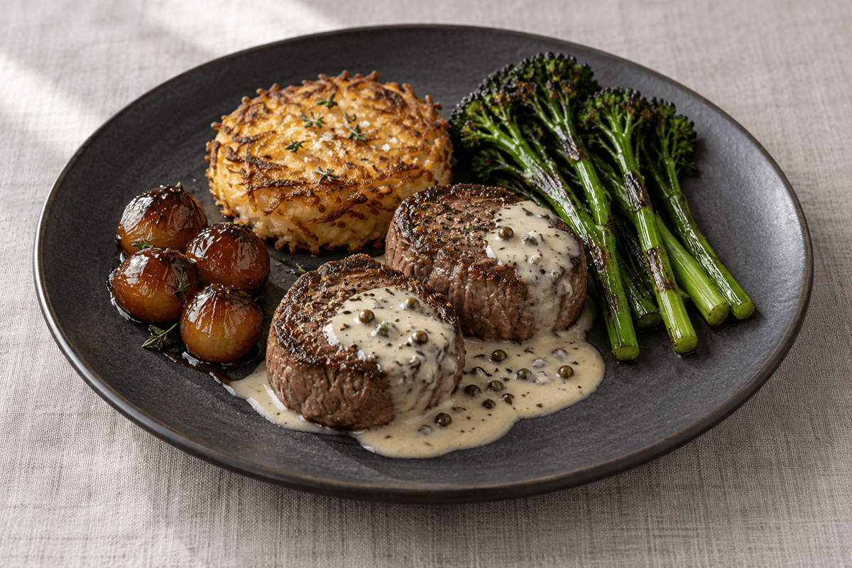 Tournedos med grønpebret gorgonzolasauce, sellerirösti, portvinsskalotteløg og broccolini