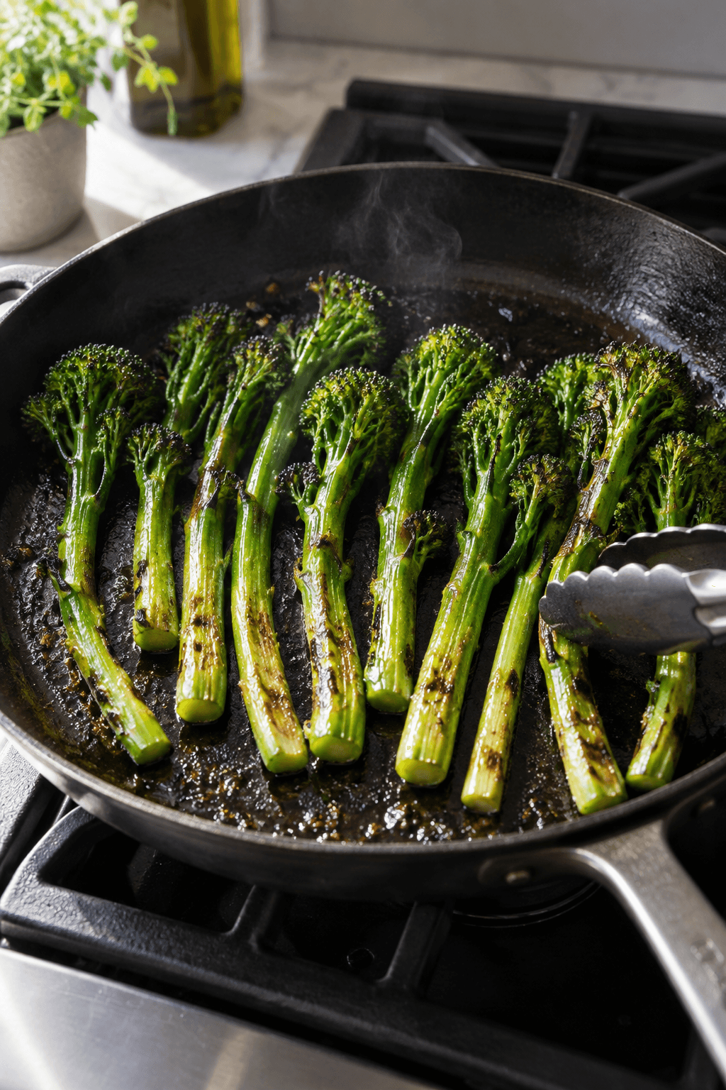 Ti broccolinistængler steges med en tang i én bred pande