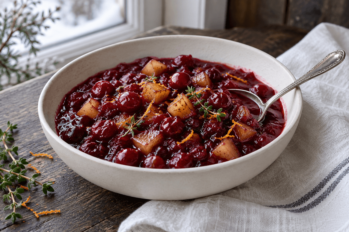 Tranebærsauce med portvin, karamelliseret pære, appelsin og timian