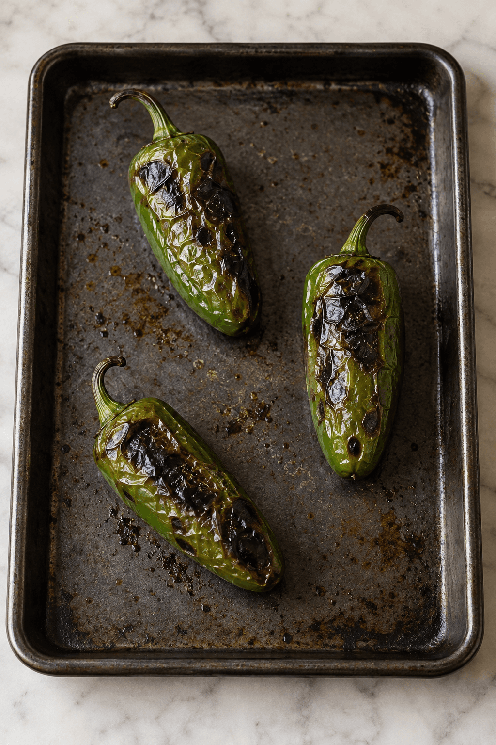 Præcis tre hele jalapeños med mørke blister ligger på én lille bageplade