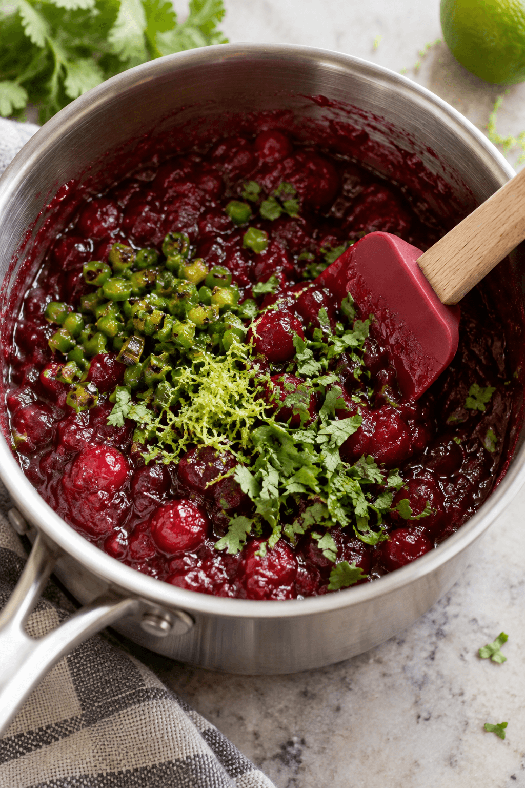 Ristet jalapeño, limeskal og koriander foldes i tyk tranebærsauce uden for varmen