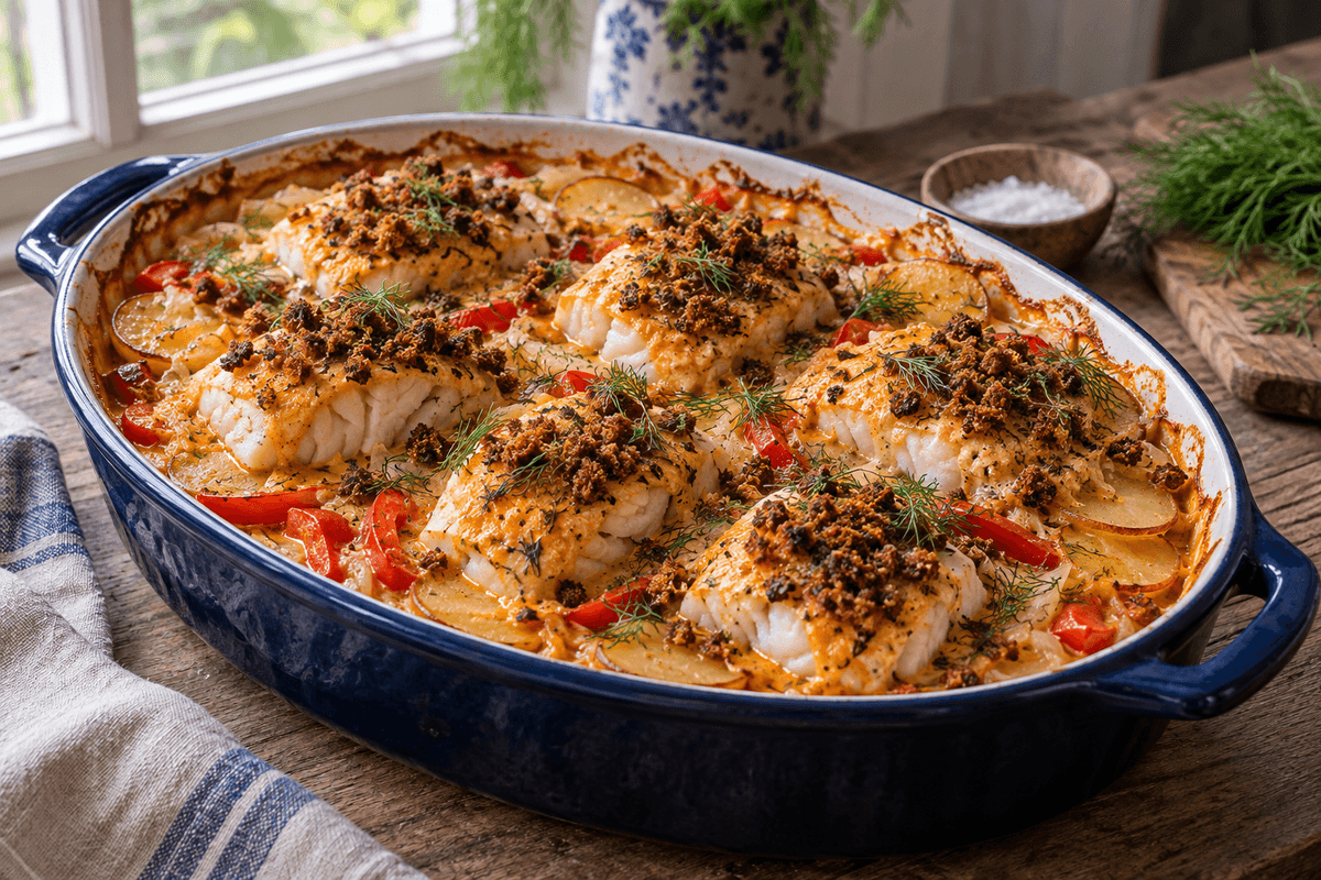 Ungarsk fiskegratin med paprika, surkål, karvekartofler og sprød rugtop