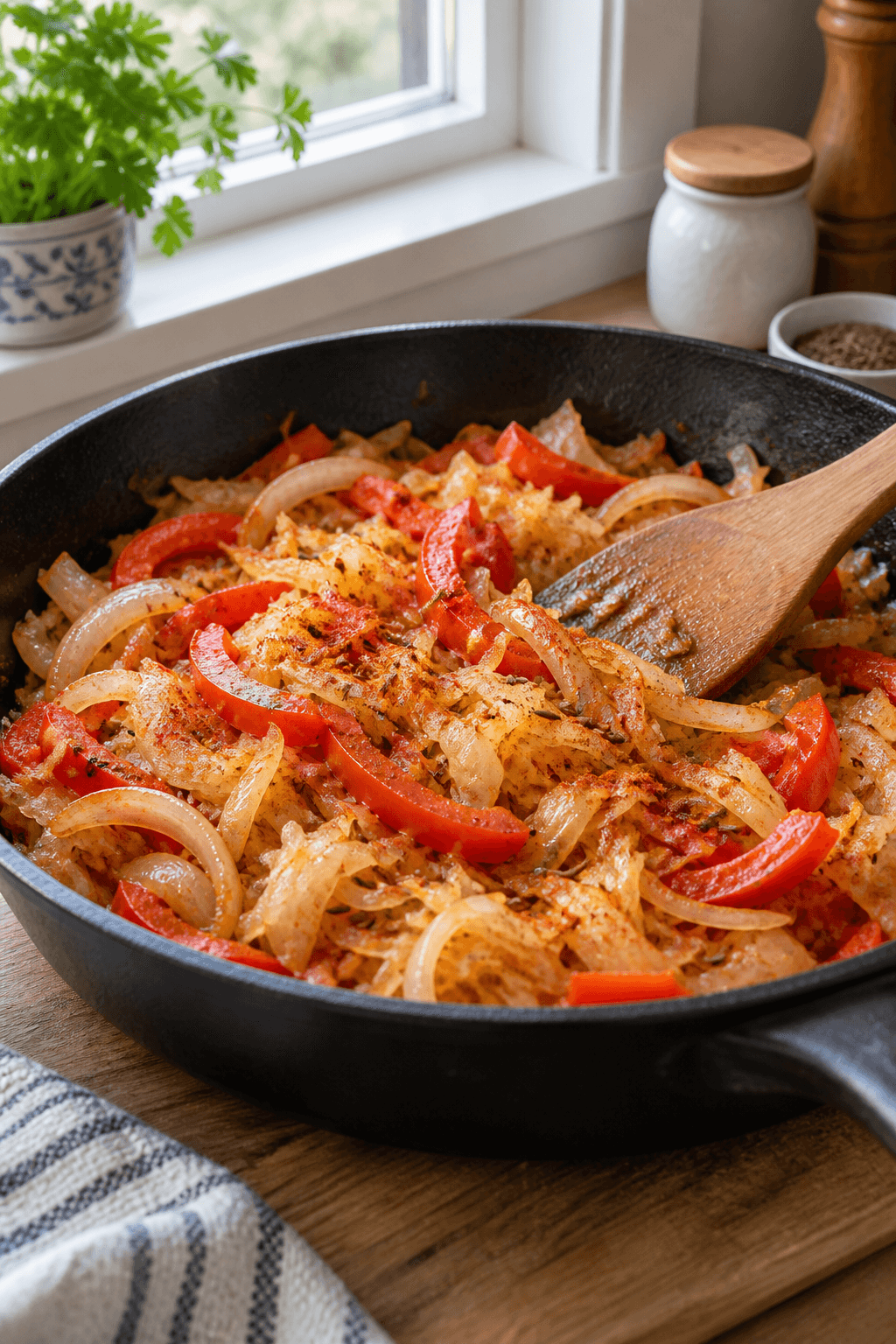 Peberfrugt, løg og surkål sauteres med paprika og karve i én pande