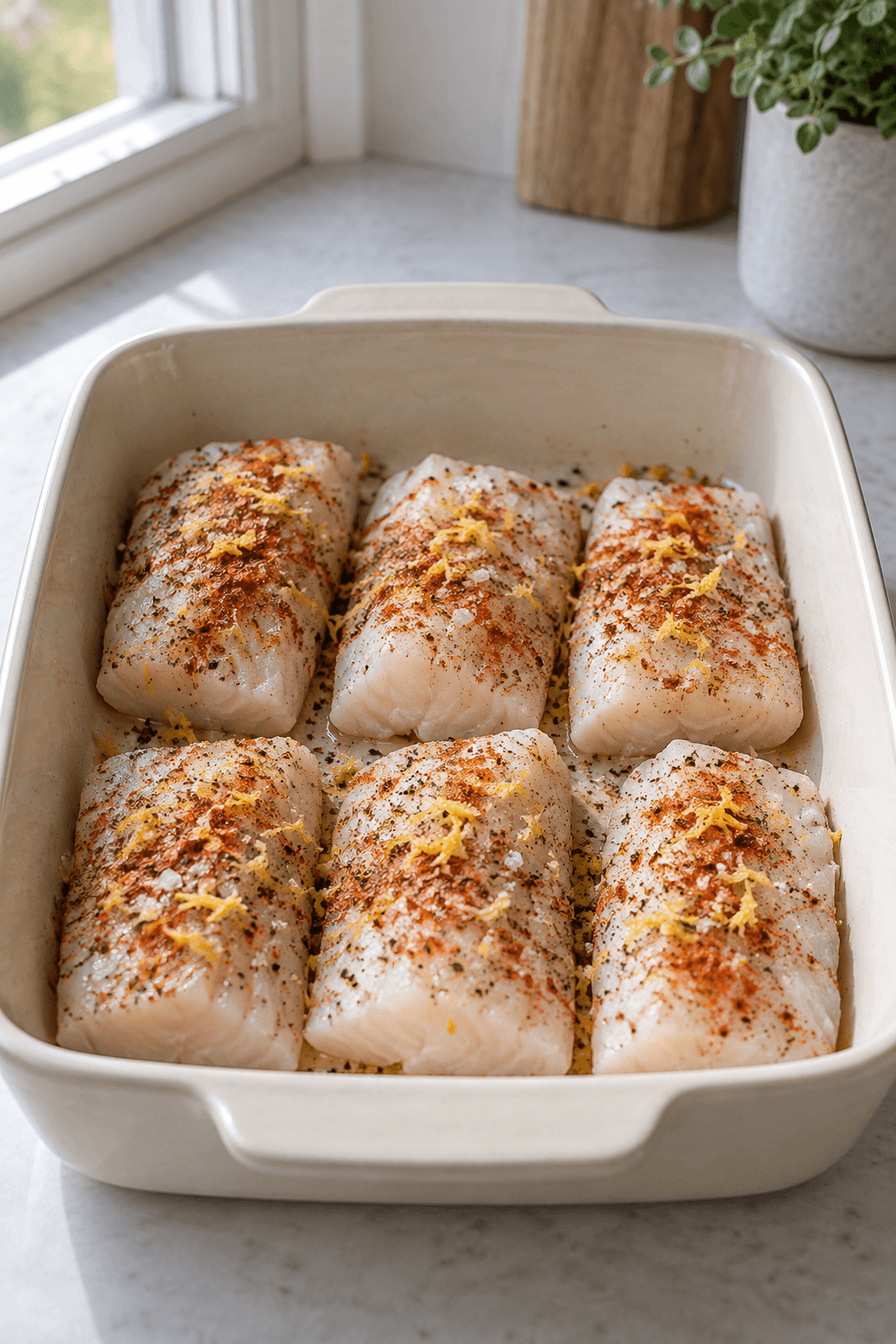 Seks rå torskestykker krydret med paprika og citronskal i ét fad