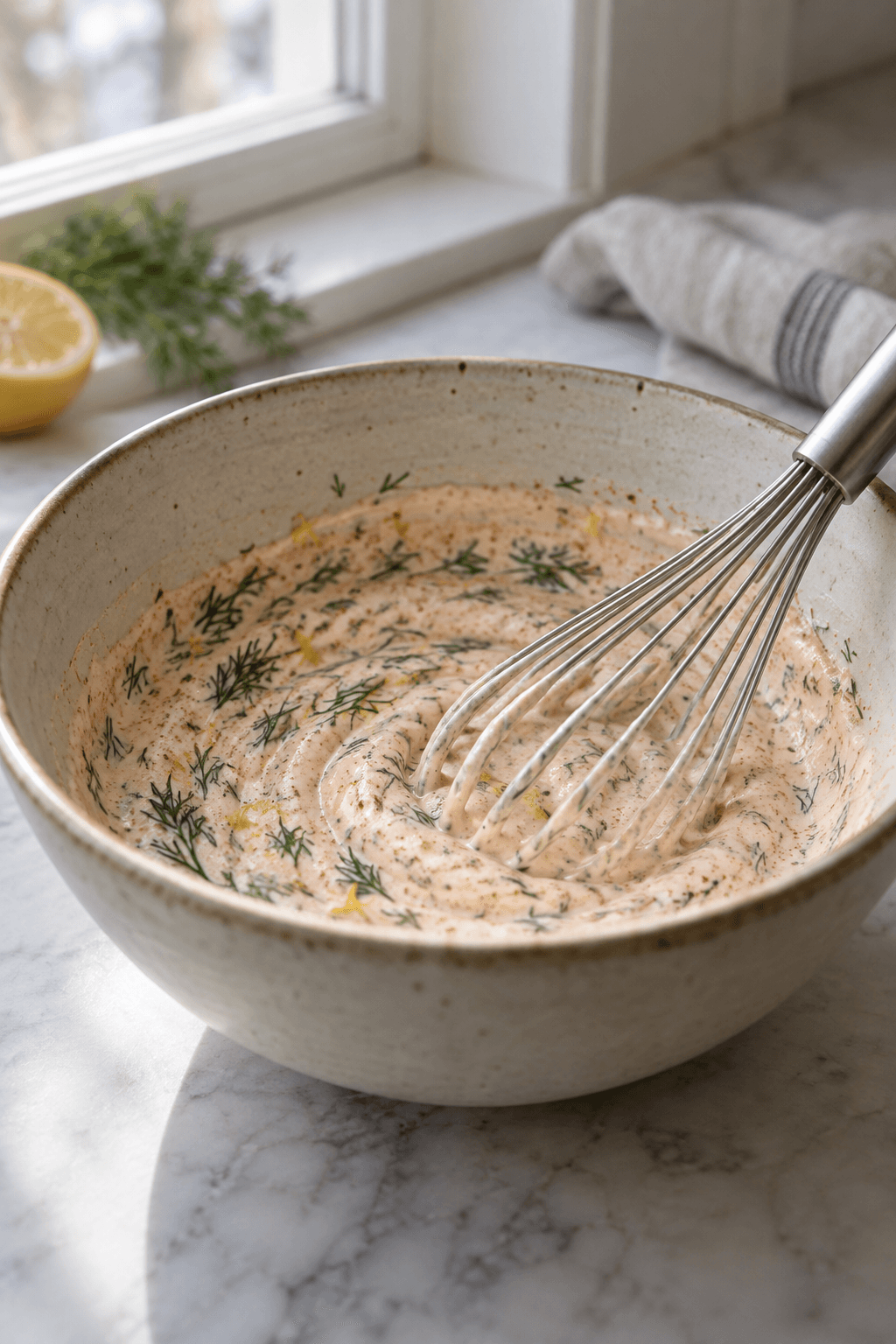 Paprika-cremefraiche med citron og dild piskes i én skål