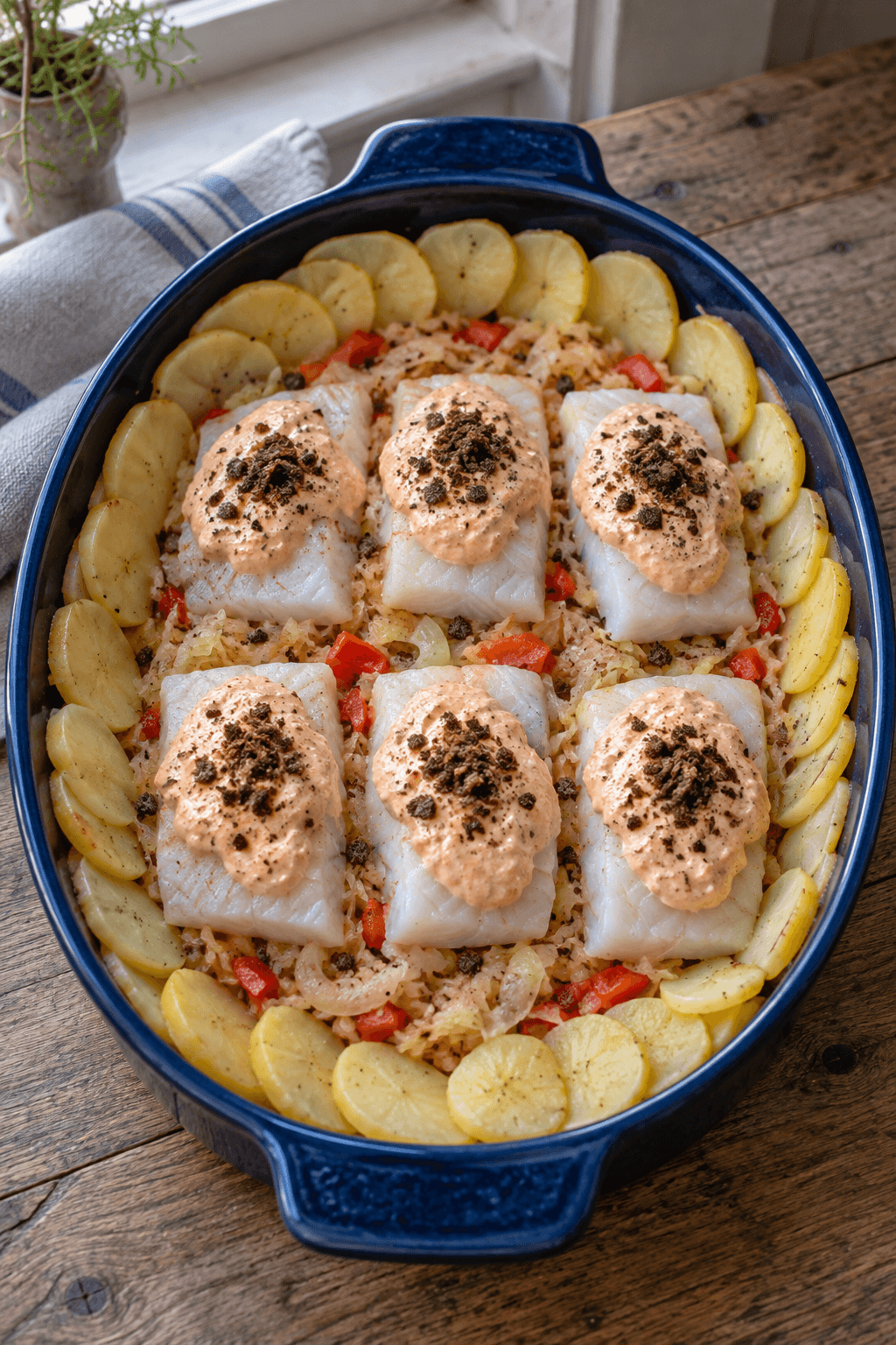 Seks torskestykker med paprika-creme, rugkrummer og kartofler i ét blåt gratinfad