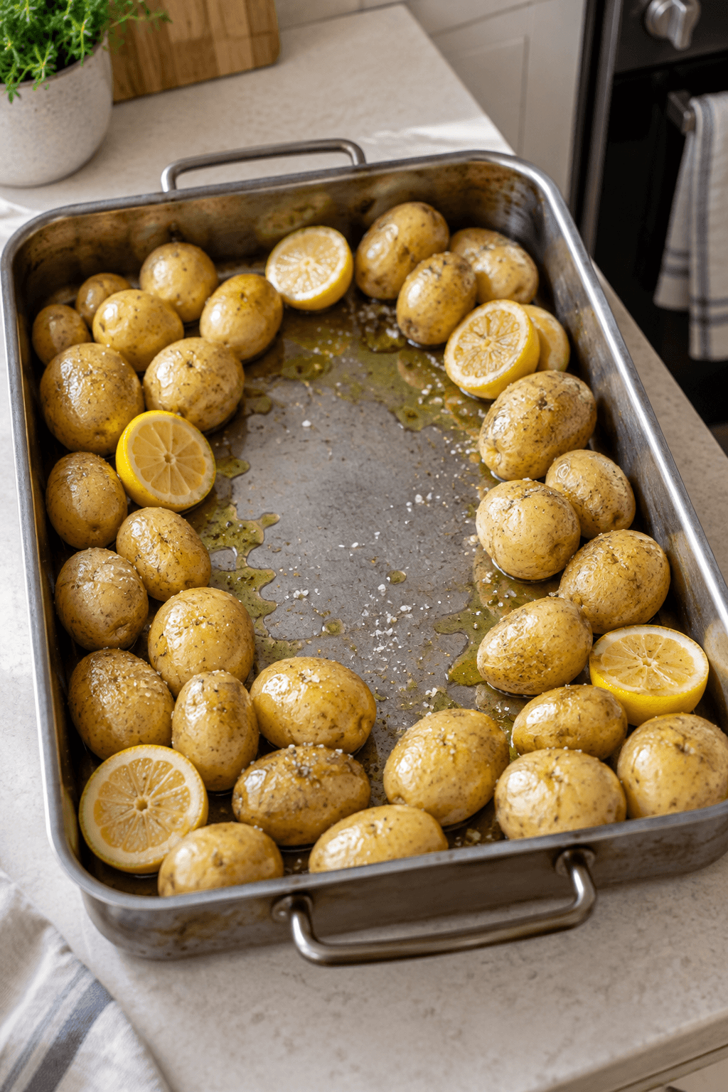 Nye kartofler og citron fordeles i ét lag langs kanten af en bradepande