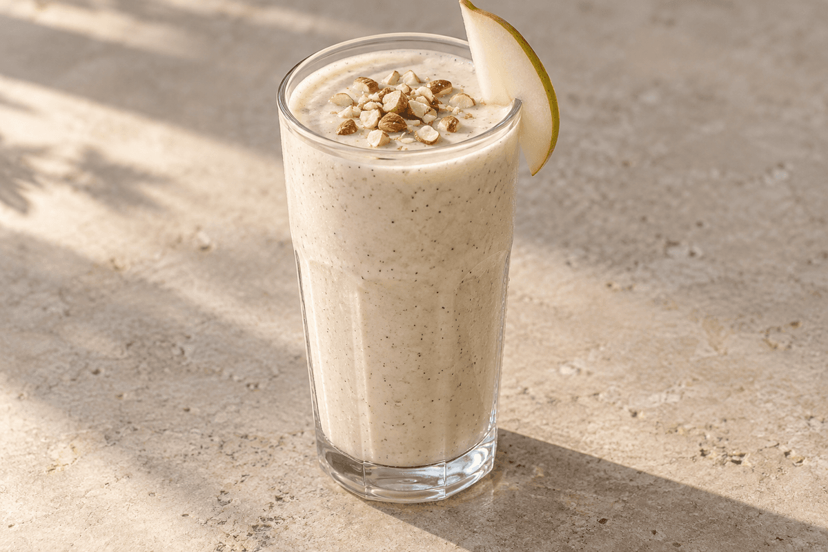 Vaniljeproteindrik med skyr, hytteost, pære og mandelsmør i ét højt glas