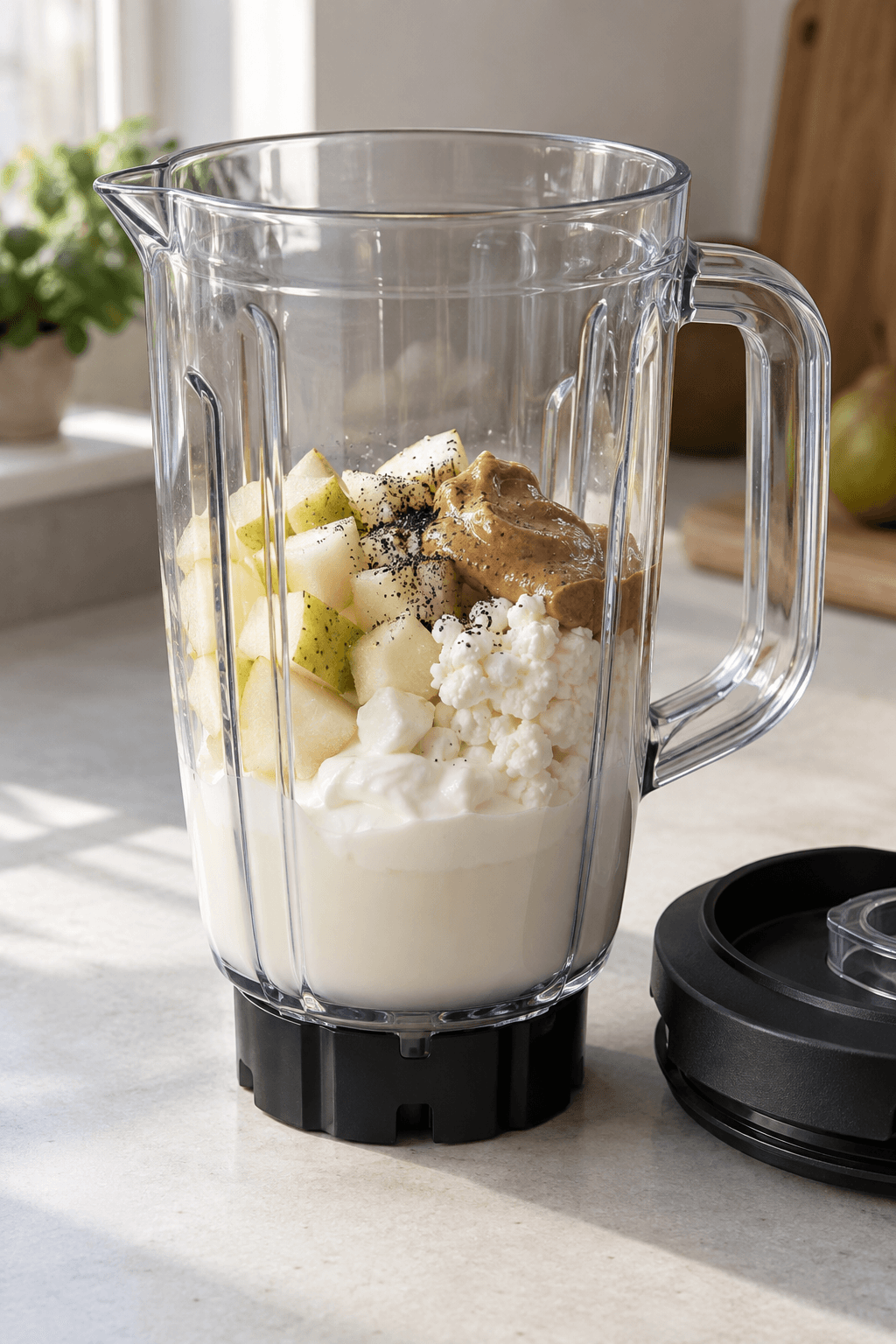 Mælk, skyr, hytteost, pære, mandelsmør og vanilje lægges i én blenderkande