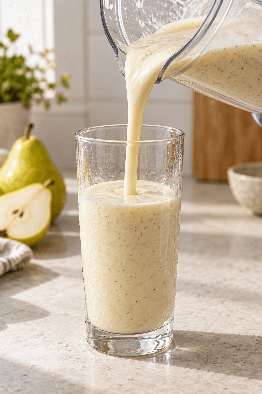 Tyk vaniljeproteindrik med pære hældes fra én blenderkande i ét højt glas