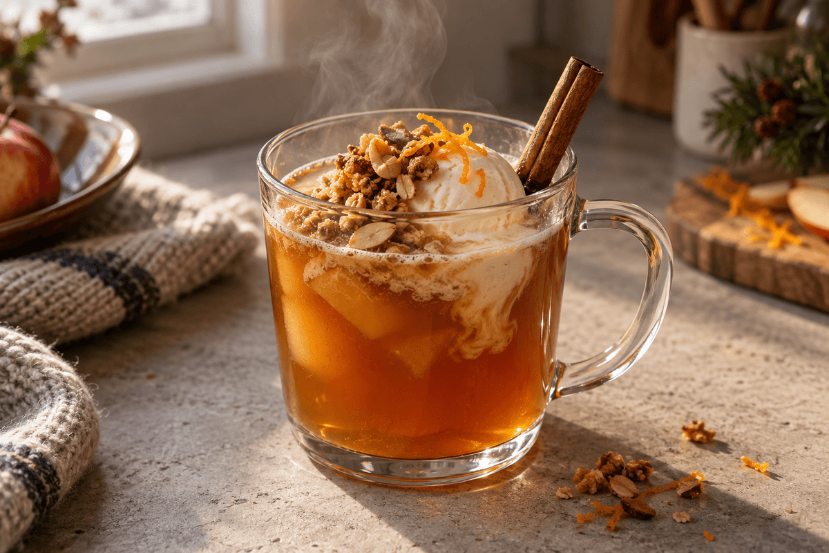 Varm æble-romdrink med vaniljeis, havre-mandelknas, appelsin og kanel