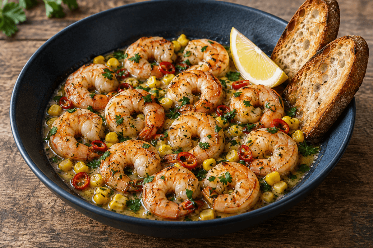 Varme rejer med brunet citronsmør, majs, chili og sprødt surdejsbrød
