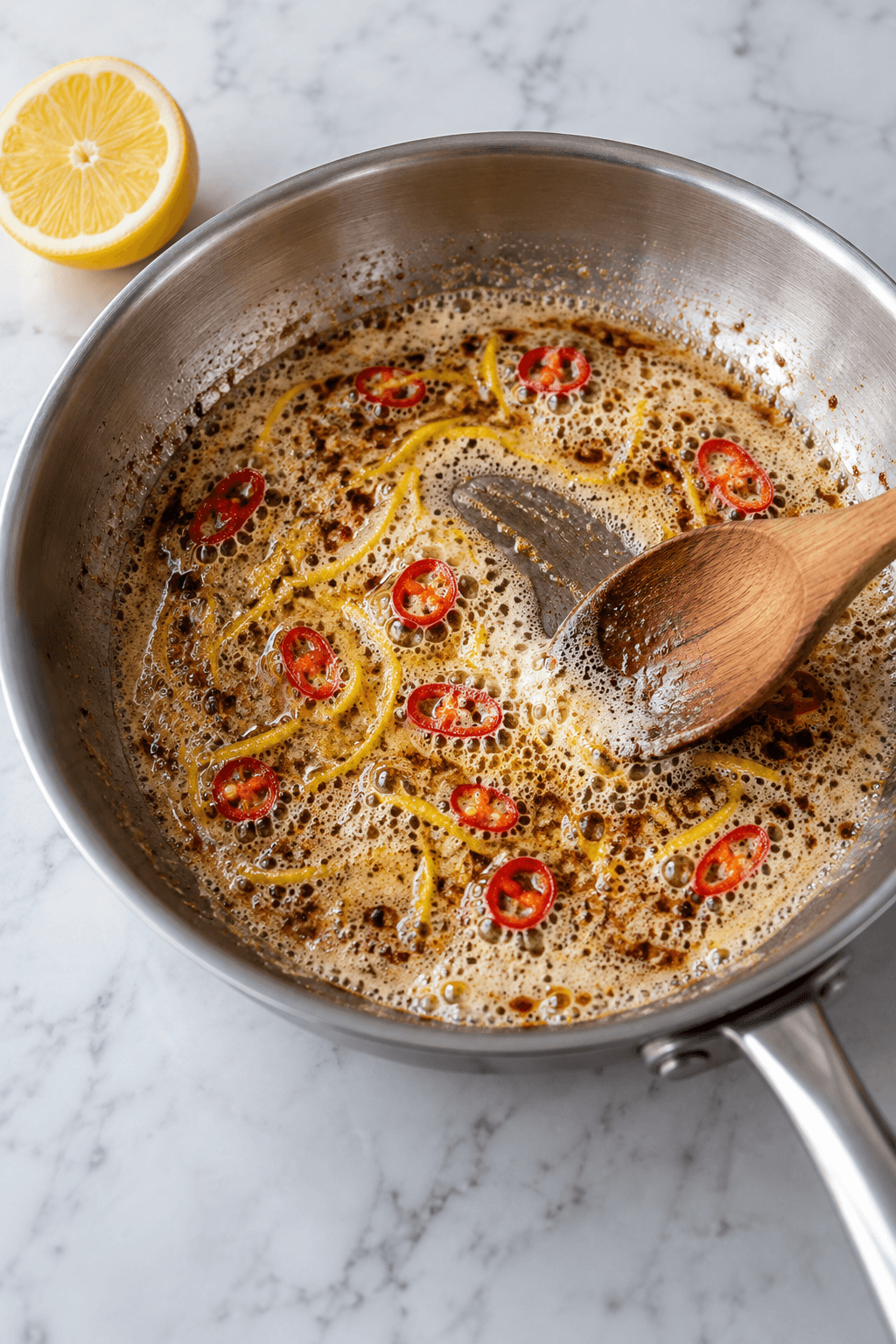 Brunet smør med citronskal og chiliringe i sauterpande