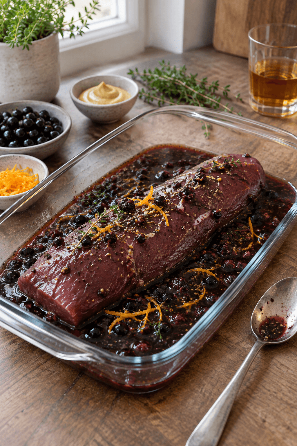 Ét helt råt stykke hjortefilet marineres med whisky, solbær, sennep, appelsin og timian