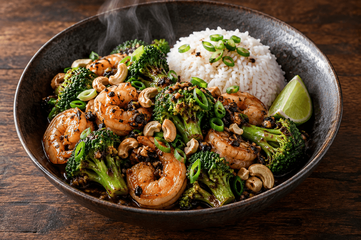 Wokstegte rejer med broccoli, sort bønne, cashew og jasminris i én skål