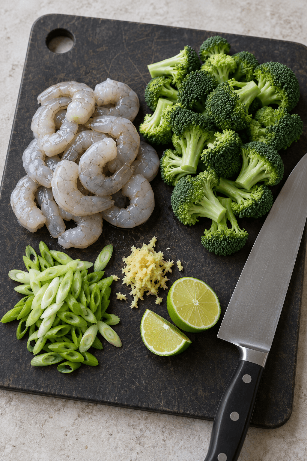Rå pillede rejer og broccolibuketter klargøres adskilt på ét mørkt bræt