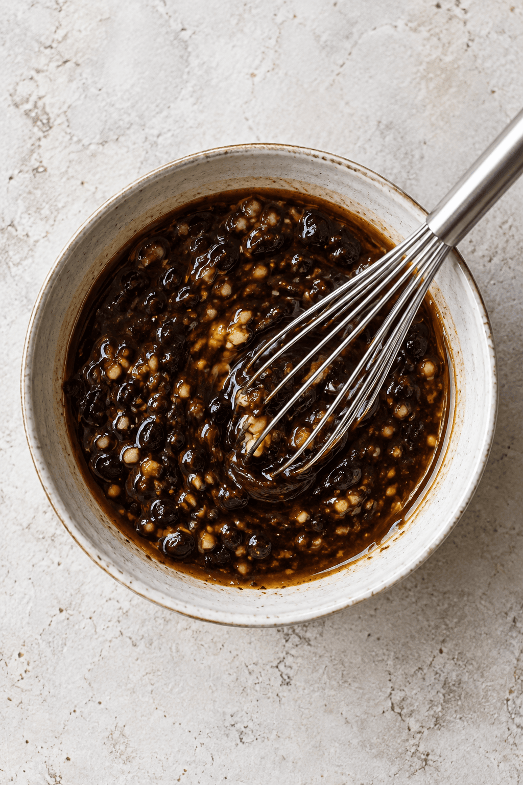 Mørk sauce med fermenterede sorte bønner og ingefær piskes i én skål