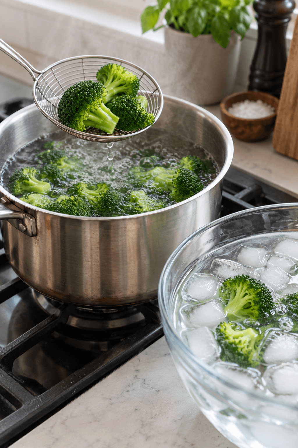 Grøn broccoli løftes fra én gryde mod ét isbad med en trådsi